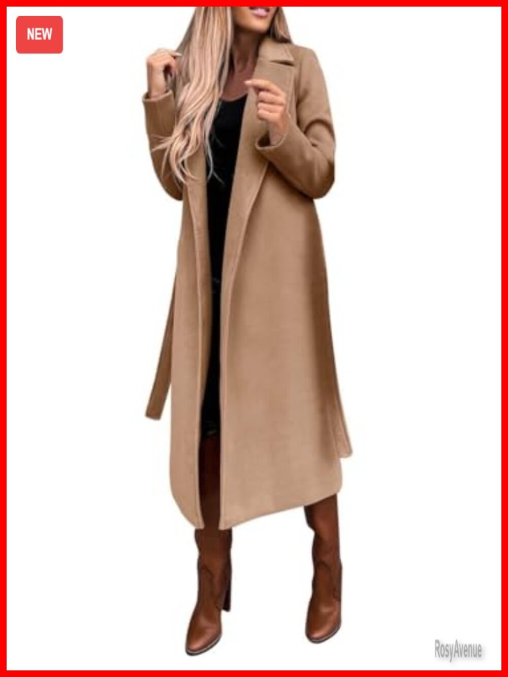 Wool Blend Long Pea Coat Notched Collar Open Front Trench with Belt